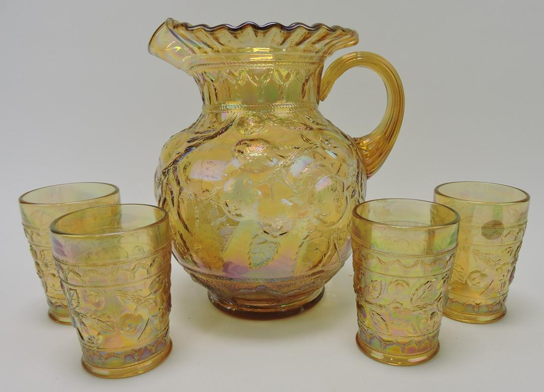 Fenton amber carnival glass apple pitcher &: 4 tumblers