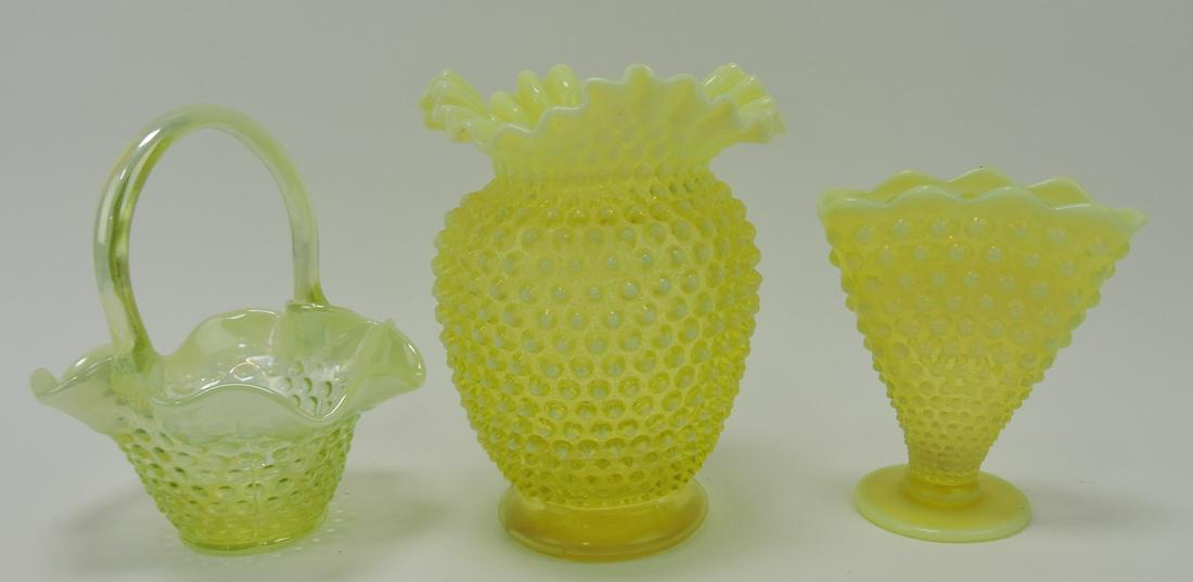Fenton topaz lot of 2 hobnail vases and: Gibson topaz hobnail basket