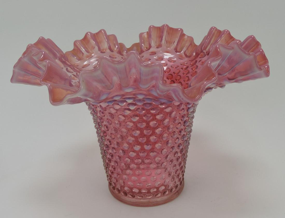 Fenton cranberry opalescent hobnail hat vase, (1 of 1)