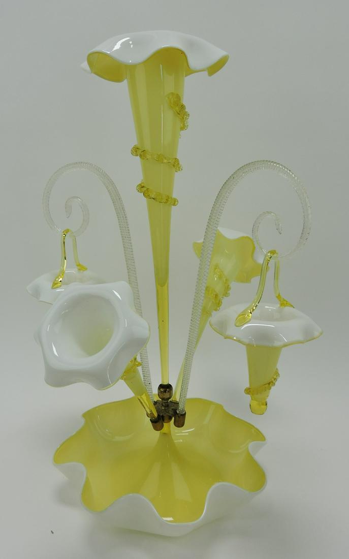 Art glass triple horn epergne with two: hanging glass baskets, 22"; repair to center horn