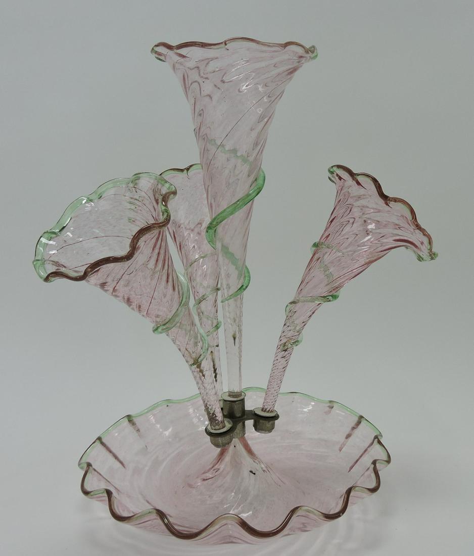 Art glass four horn epergne, 14": .