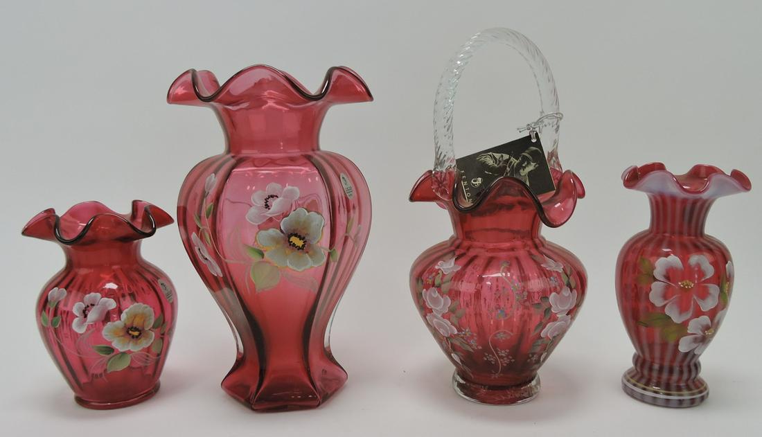 Fenton cranberry lot of 3 vases and 1 basket (1 of 1)