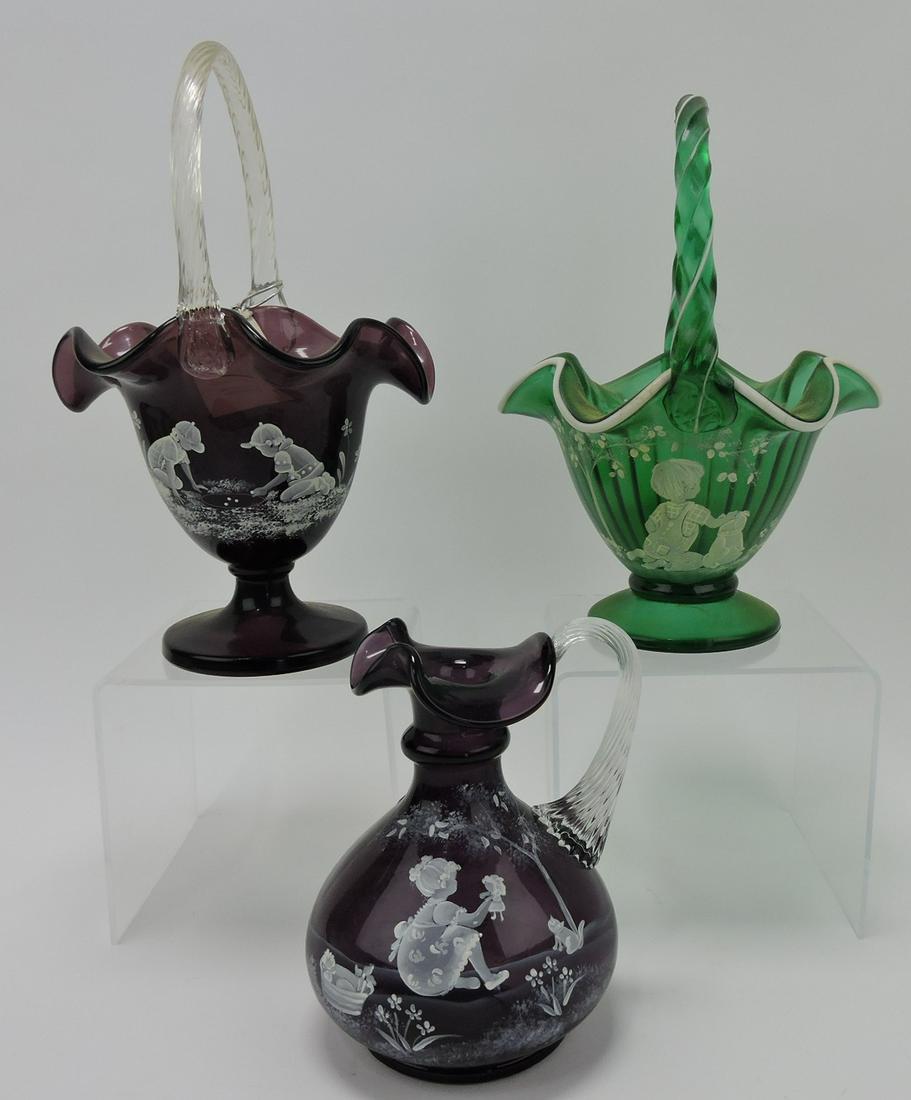 Fenton Mary Gregory lot of 2 baskets and ewer (1 of 1)