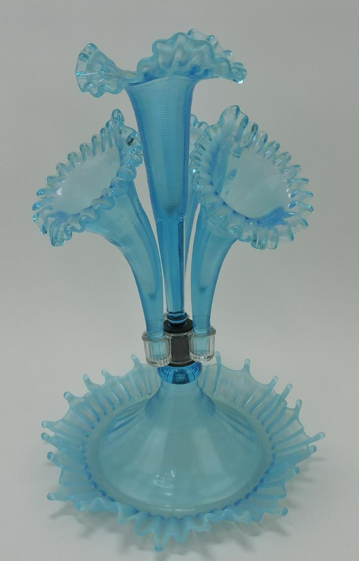 Fenton blue opalescent four horn epergne, 17" (1 of 1)