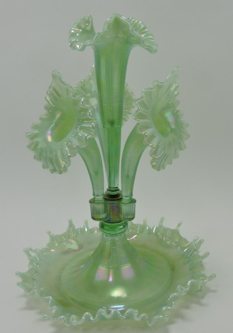 Fenton green opalescent iridescent four horn (1 of 1)