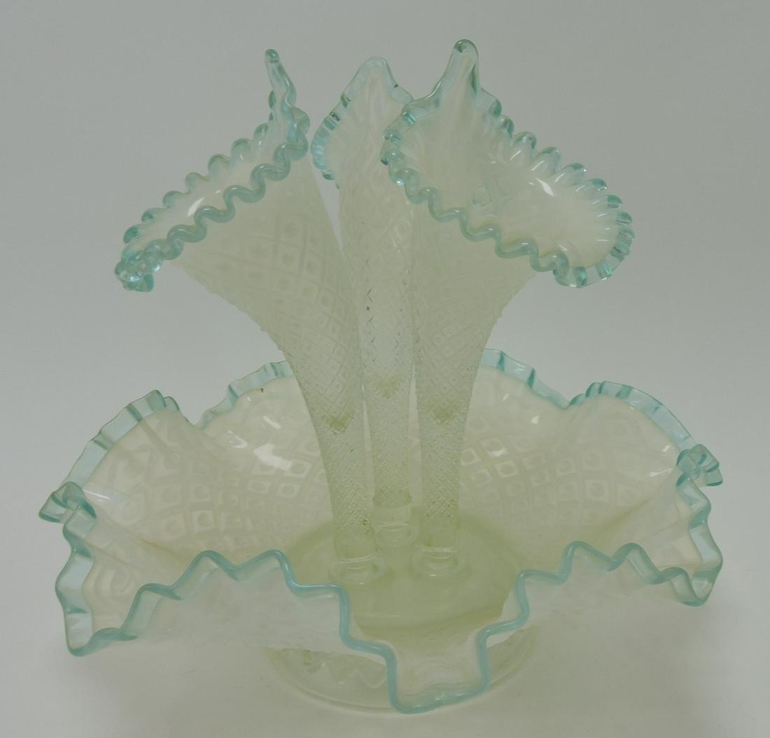 Fenton opalescent English hobnail three horn: epergne, 11 1/2"h