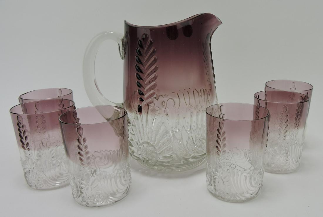 Medallion Sprig West Virginia Glass Co.: amethyst to clear 7 pc water set, c. 1894