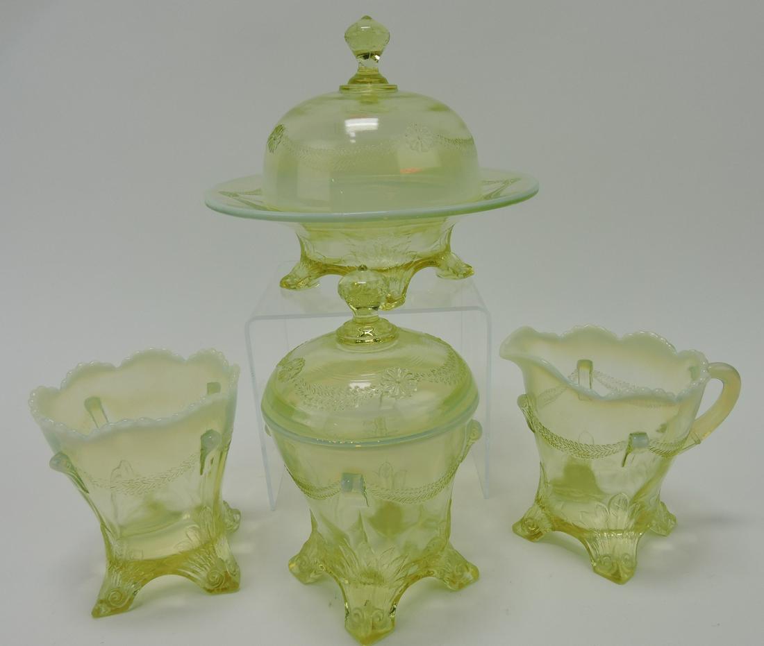 Vaseline opalescent swag with brackets 4 pc: table set, Jefferson Glass Co.