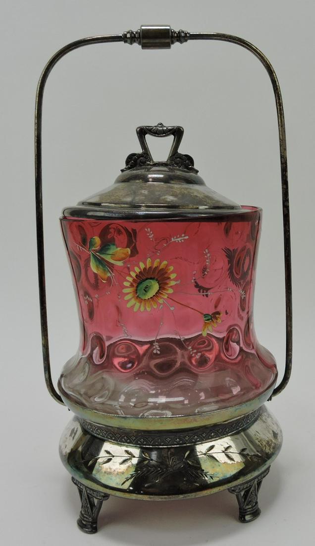 Large cranberry enamel biscuit jar in (1 of 1)