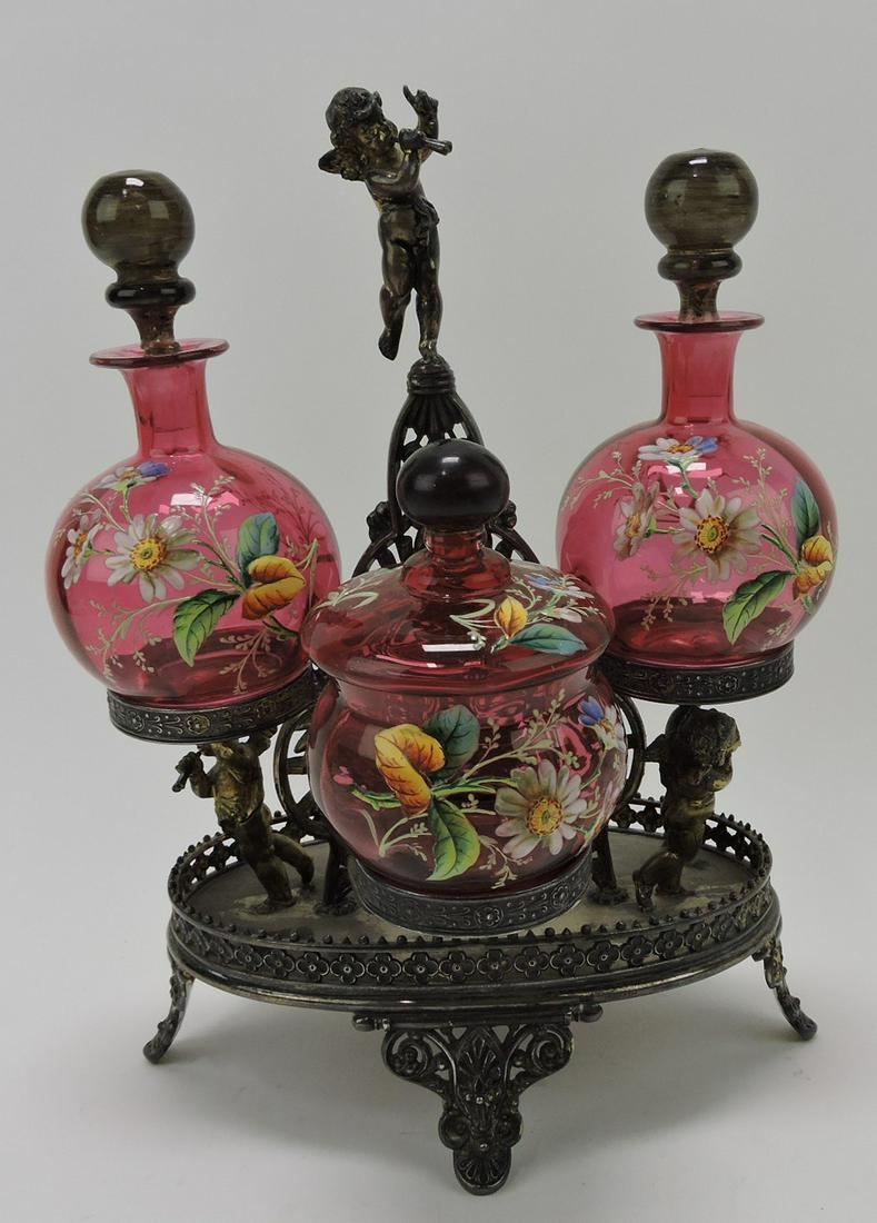 Rare Victorian dresser set with 2 cranberry (1 of 1)