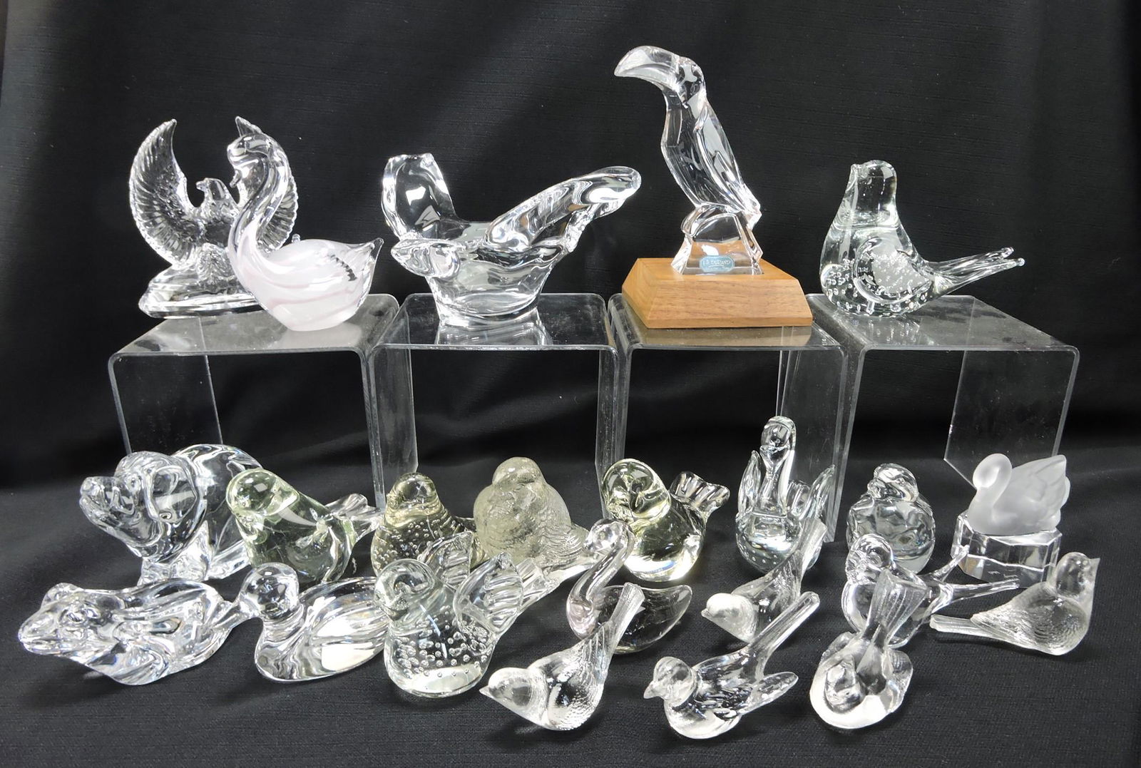Crystal lot of 23 animal sculptures,: Waterford, Fenton, Goebel, and others