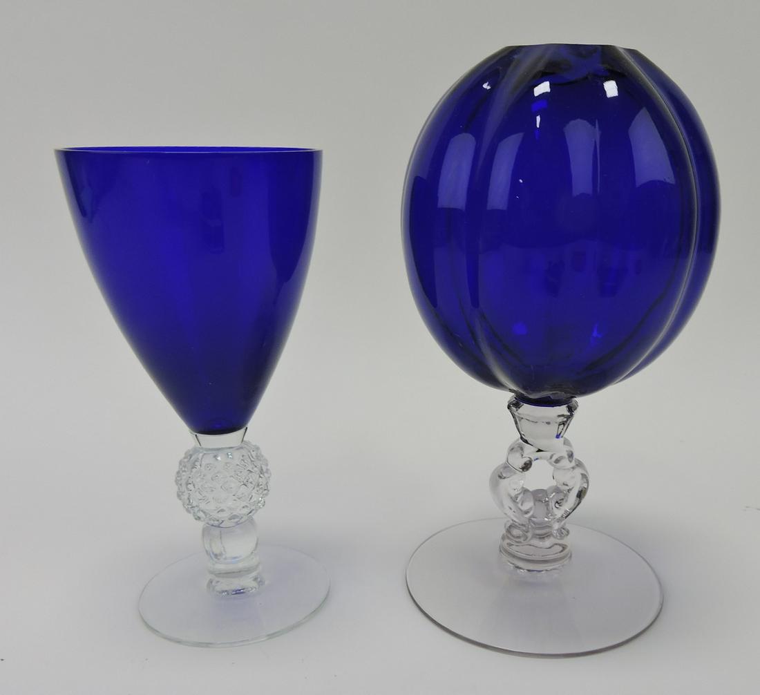 Cobalt and crystal set of 11 - 6 3/4": goblets, (chip to one) and pedestal rose bowl
