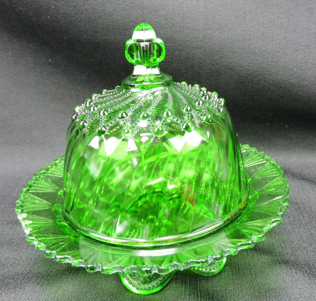 Greentown Cord Drapery green EAPG butter dish (1 of 1)