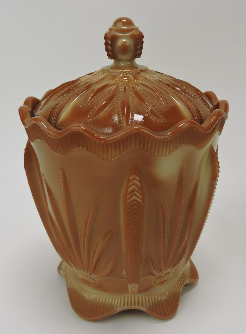Greentown chocolate glass cactus cracker jar: .