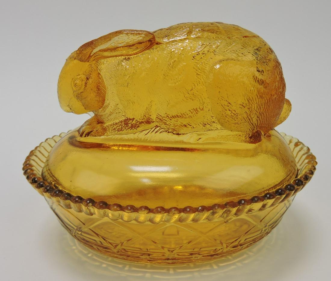Greentown amber rabbit covered dish (1 of 1)