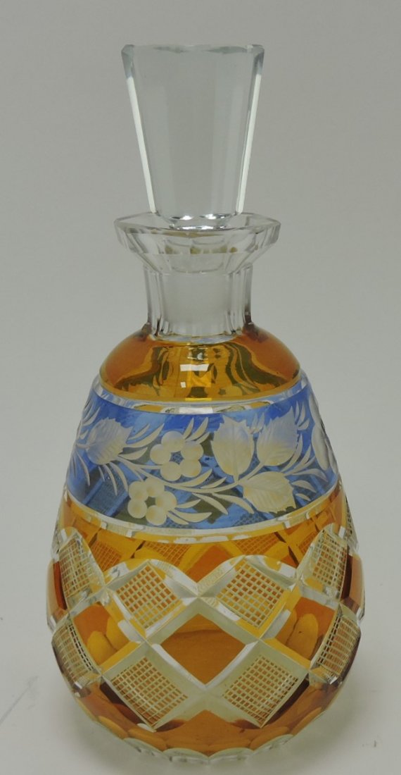 Bohemian decanter, amber and blue cut to clear, (1 of 1)