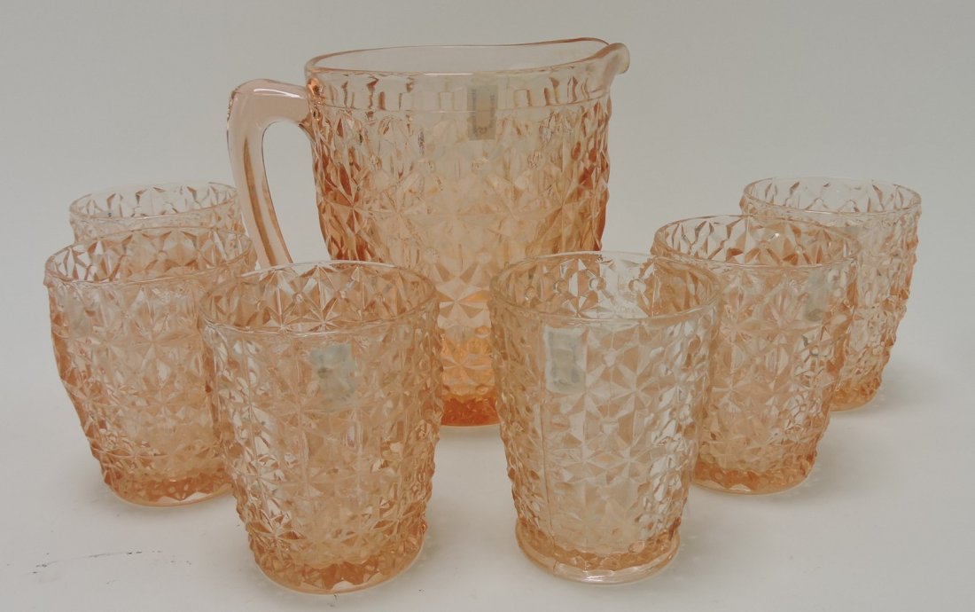 Pink depression glass Holiday 7 piece water set (1 of 1)