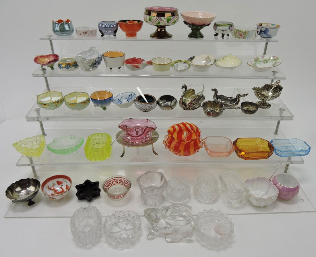 Salt cellar collection -: glass, porcelain, silver, cloisonne and more, 52 pieces.