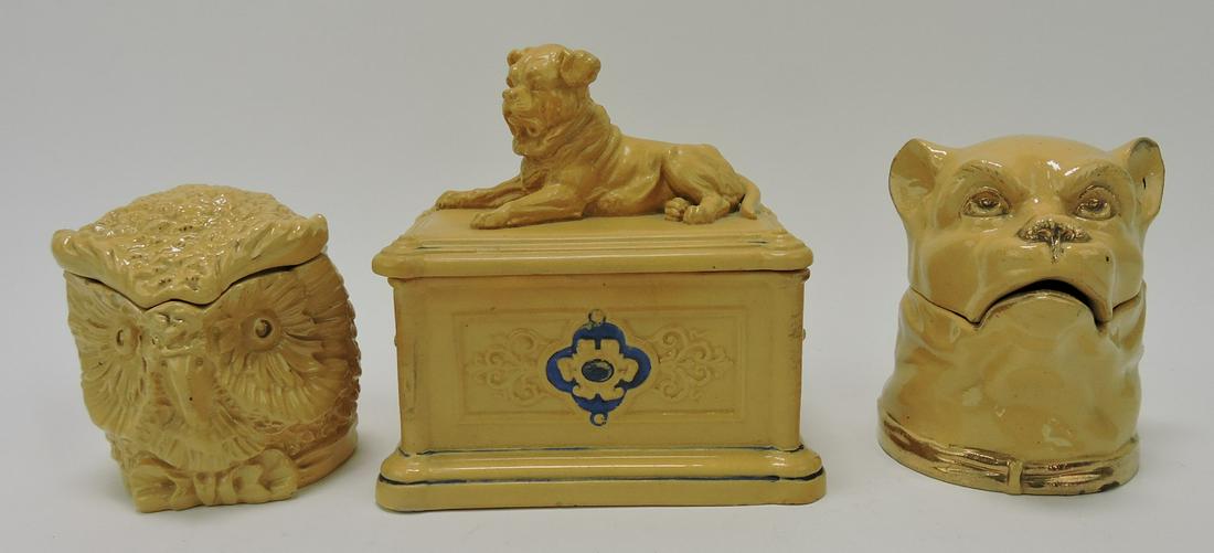 Yellowware lot of 3 animal humidors, (1 of 1)