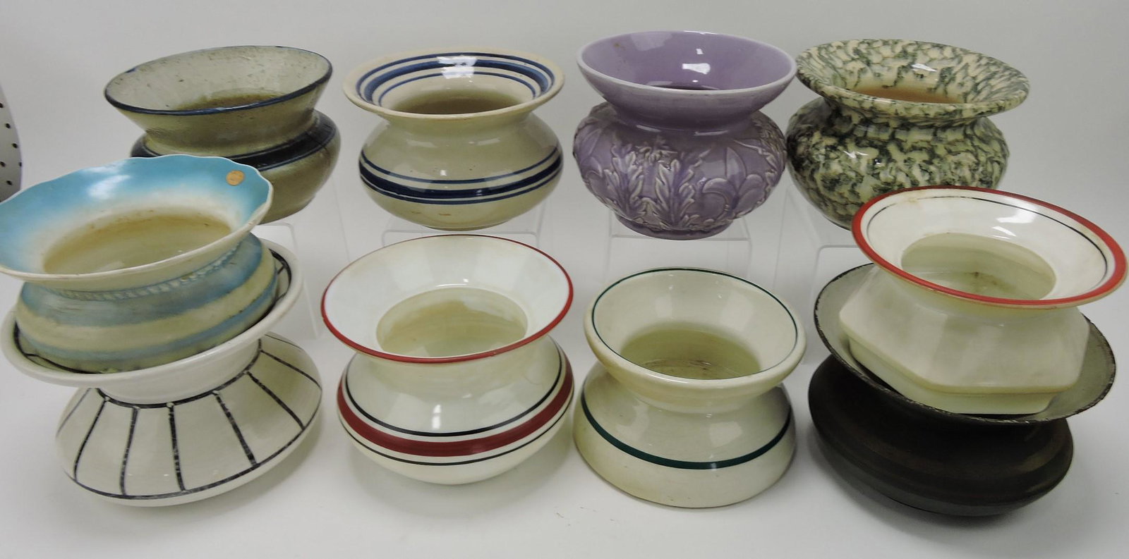 Pottery, porcelain, stoneware, glass,: and cast iron lot of 10 spittoons