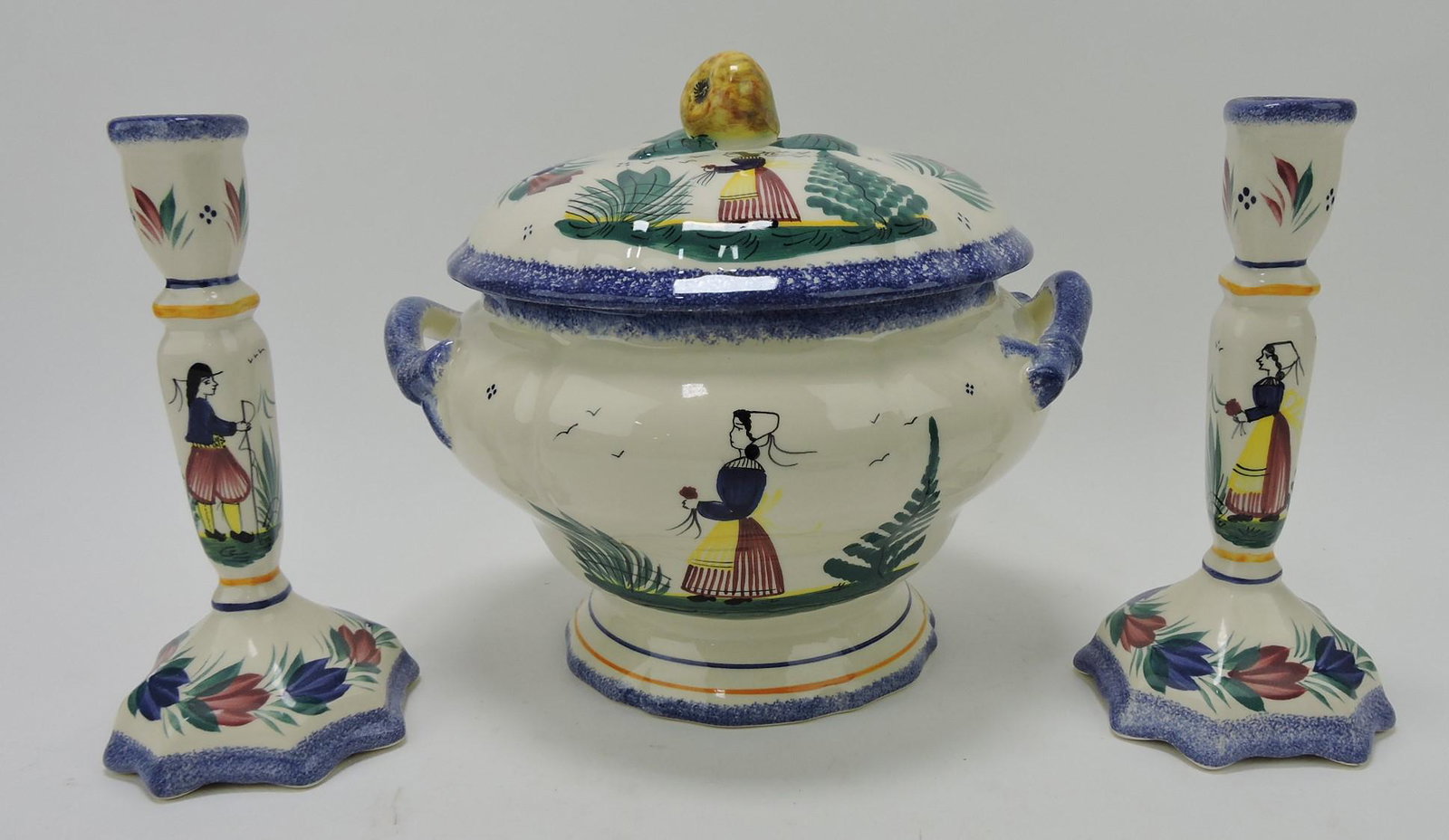 Henriot Quimper covered tureen and pair: fo candle sticks