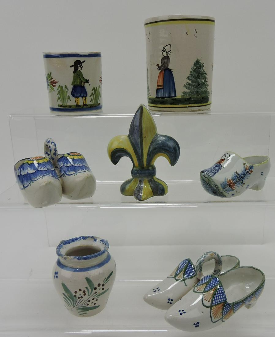 Henriot Quimper lot of 7 early small: pieces, fluer-de-lis menu holder, sabot double salts, and more