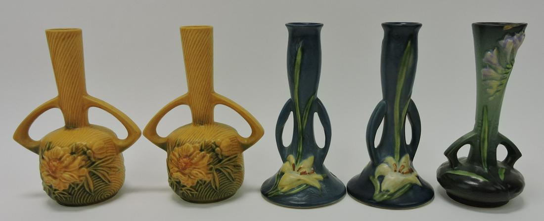 Roseville lot of 5 bud vases, 2 yellow (1 of 1)