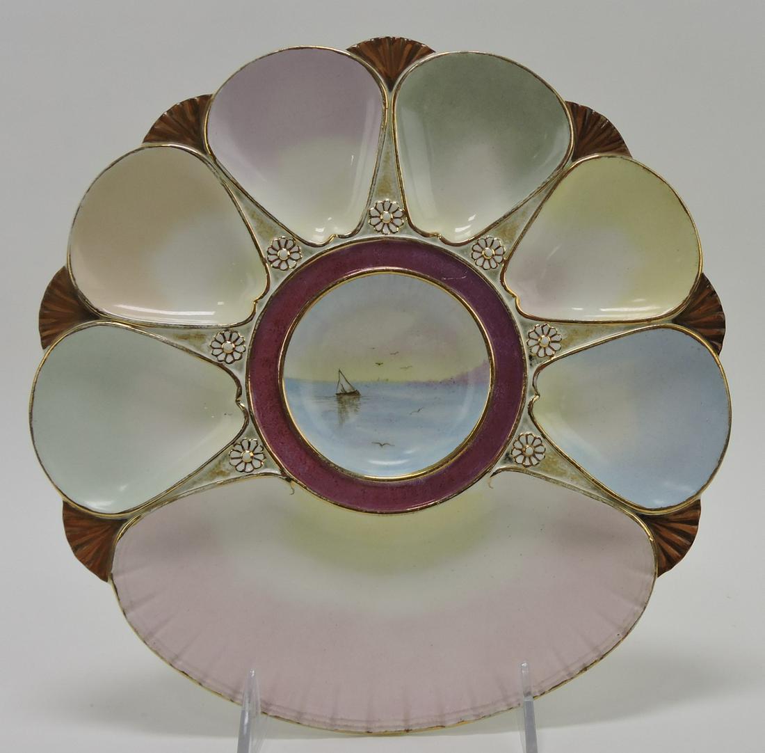 Minton porcelain 6 well oyster plate: with sailboat scene, 10"