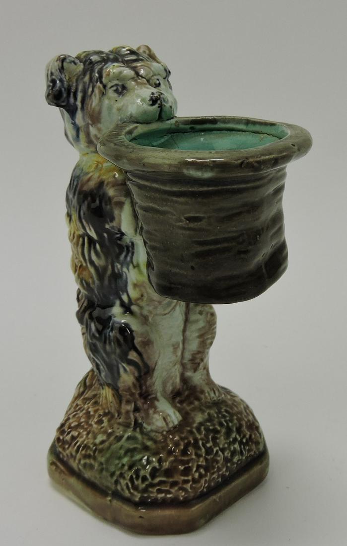 Majolica dog with top hat match/toothpick: holder, hairline to hat
