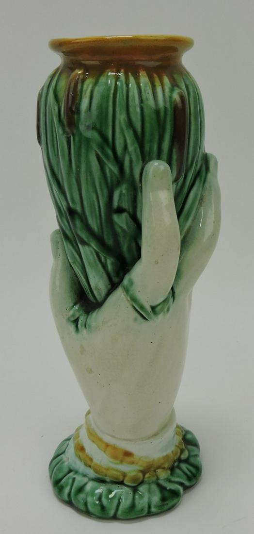 Majolica hand and cattail vase, 8 1/4",: rim repair