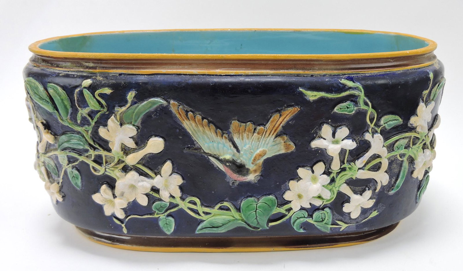 George Jones hummingbird and floral: planter, 15", old restorations