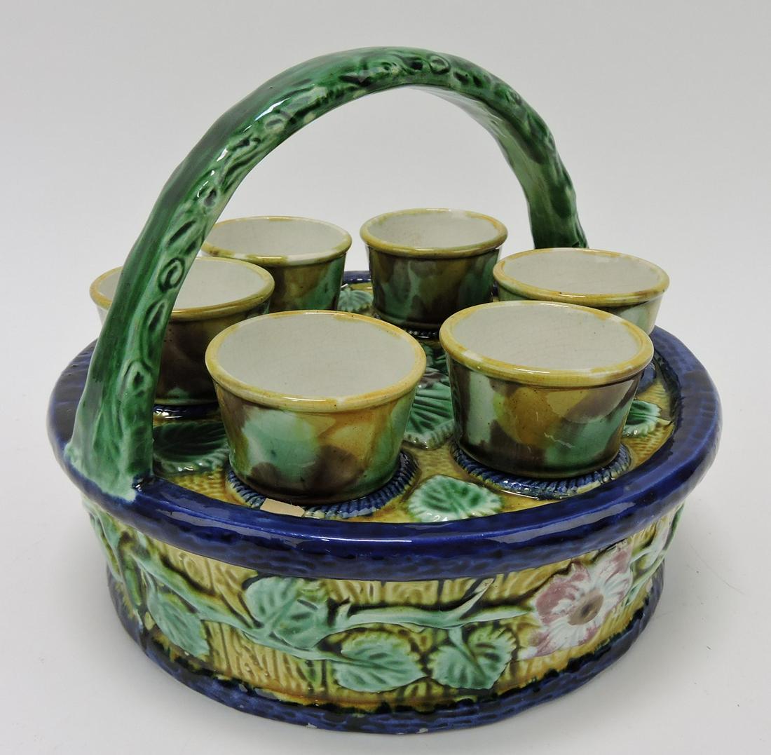 Majolica egg cup basket and 6 egg cups (1 of 1)