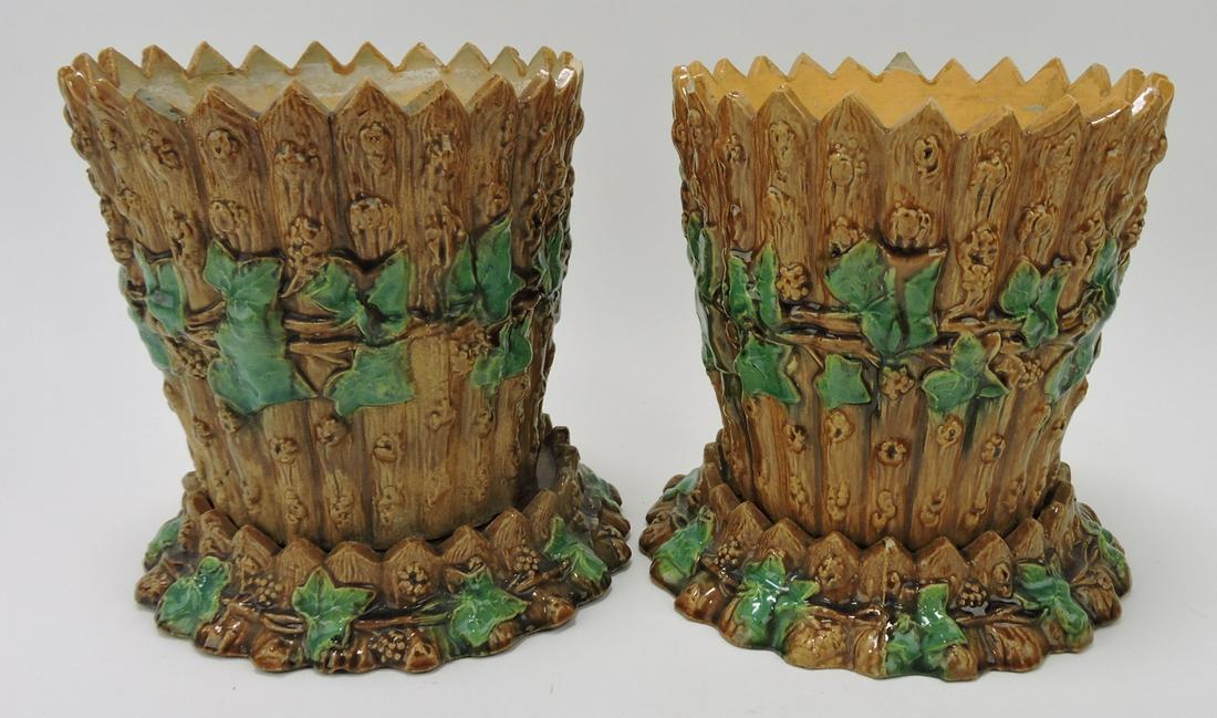 George Skey (attributed) pair of rustic: cachepots and stands, minor nicks, 8"
