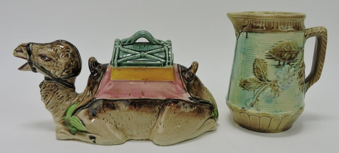 Majolica camel teapot and pitcher: .