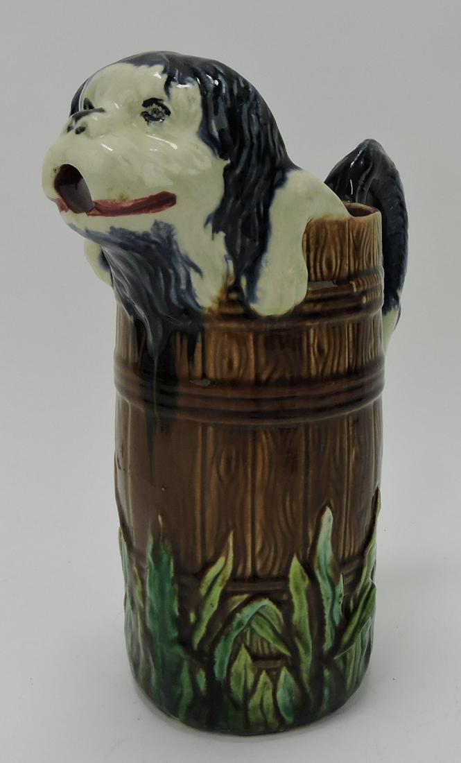 Majolica dog in barrel 10" figural pitcher: .