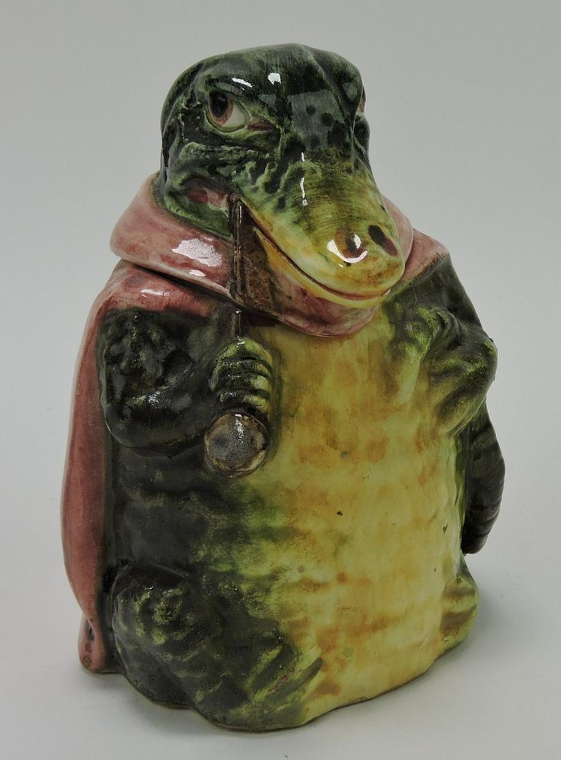 Majolica alligator with red cape humidor,: 4 1/2"