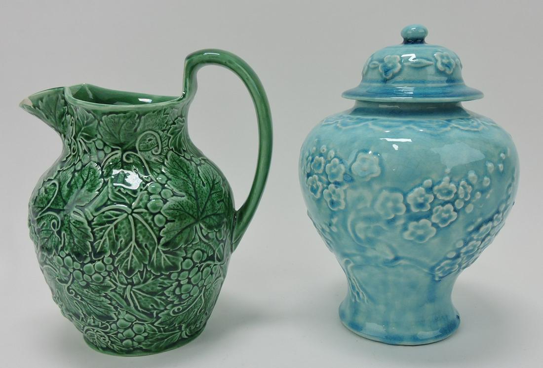 Wedgwood green majolica pitcher and: blue majolica covered urn