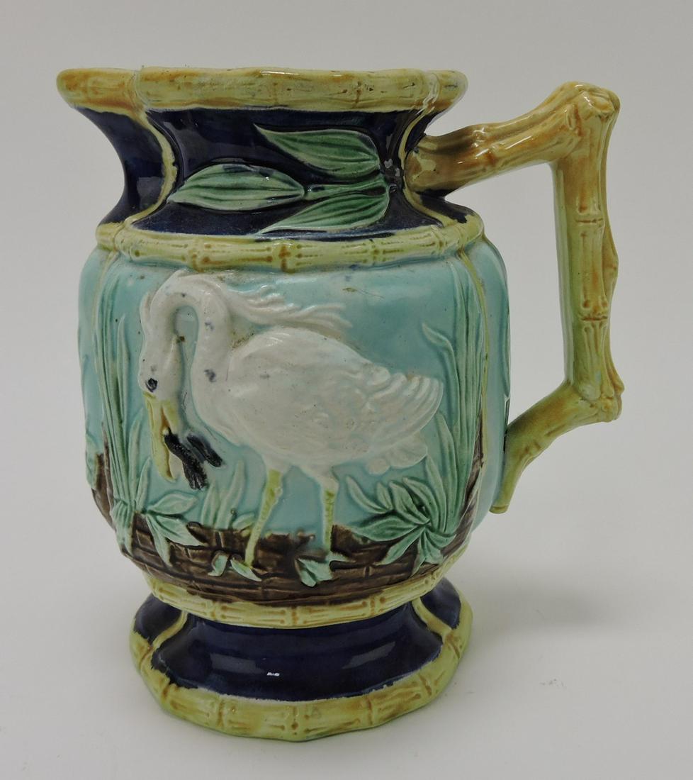 Majolica cobalt stork in marsh pitcher (1 of 1)