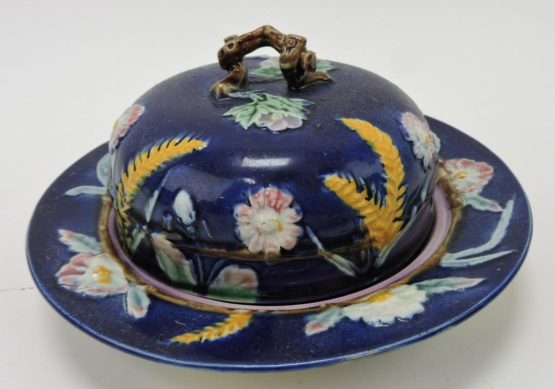 Majolica cobalt wheat and daisy butter: dish