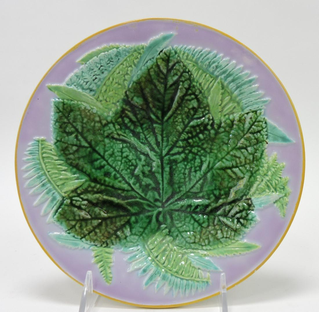 George Jones majolica pink leaf and: fern plate, 8 1/2", minor rim glaze nick