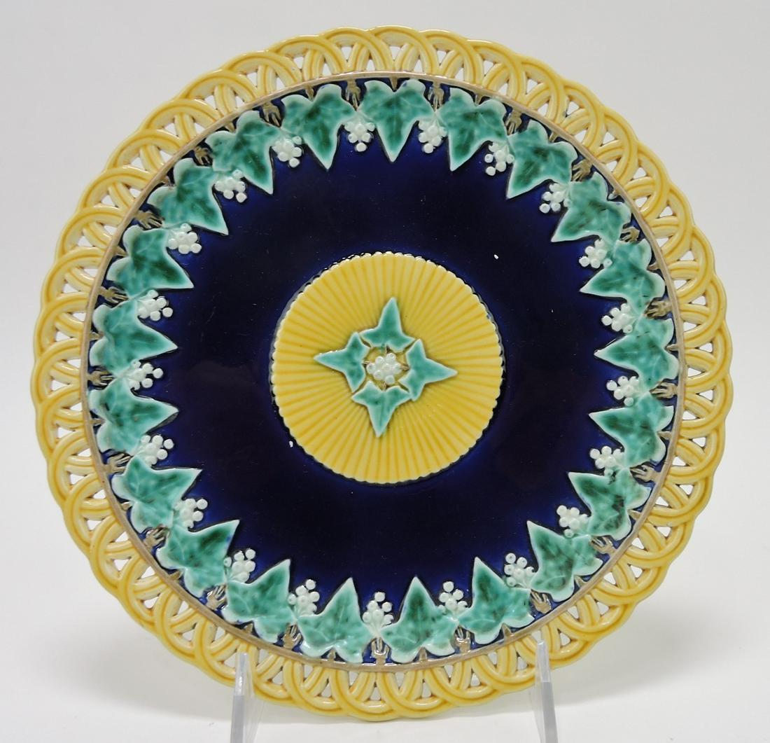 Wedgwood majolica cobalt plate with: reticulated border