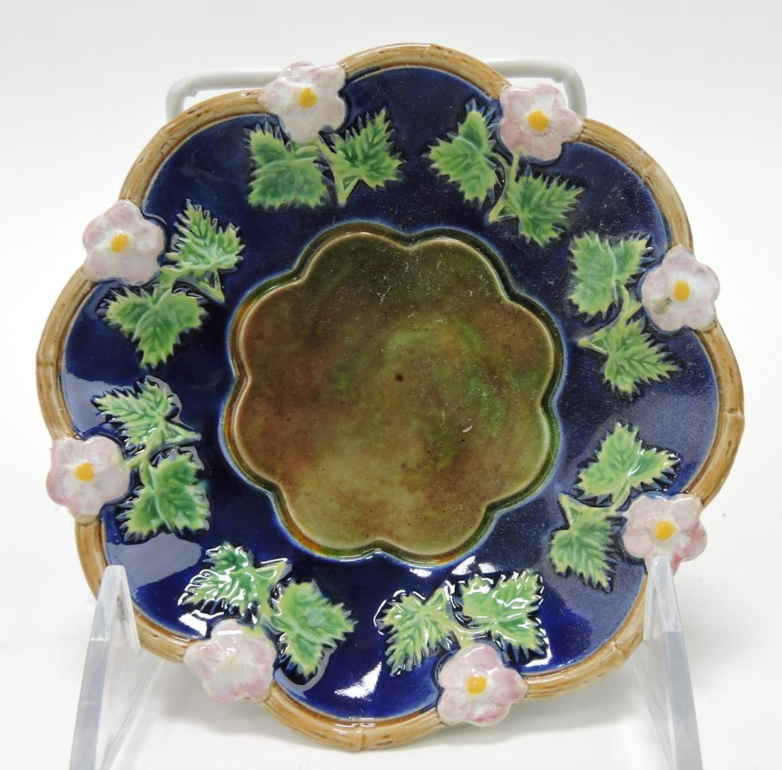 George Jones majolica cobalt strawberry: blossom 5" sauce dish