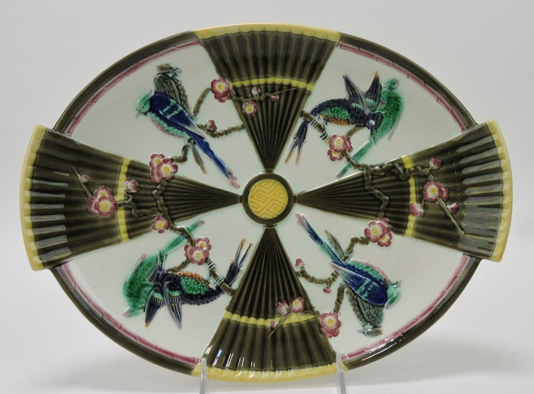 Wedgwood majolica Argenta bird & fan: 13 1/2" platter