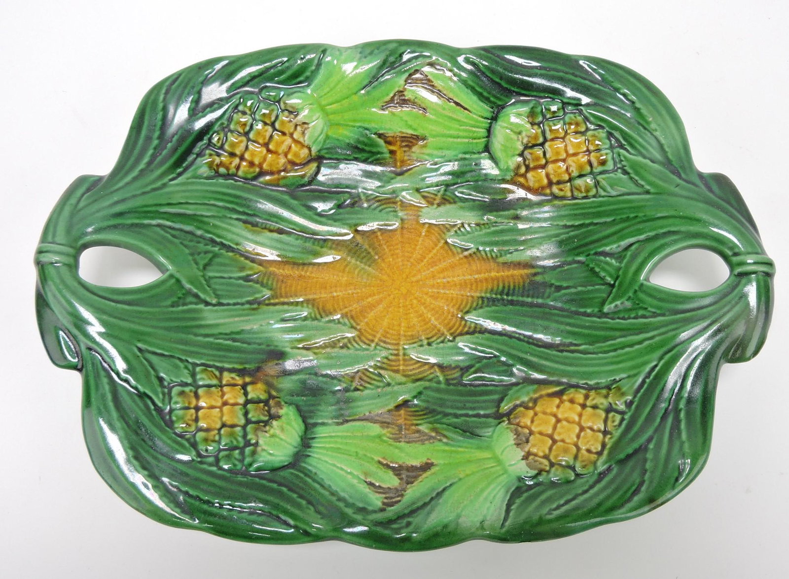 George Jones majolica pineapple 11 1/2": tray, professional repair to handle