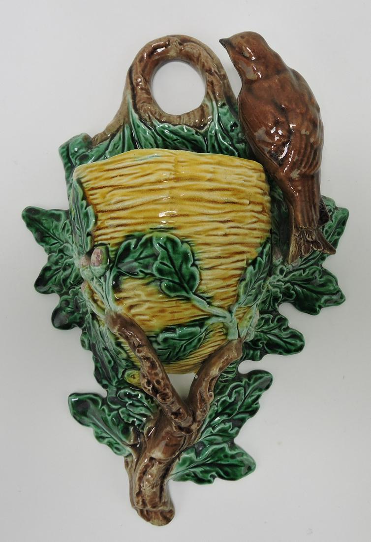 JRL majolica bird and nest wall pocket,: 12", professional repair to bird
