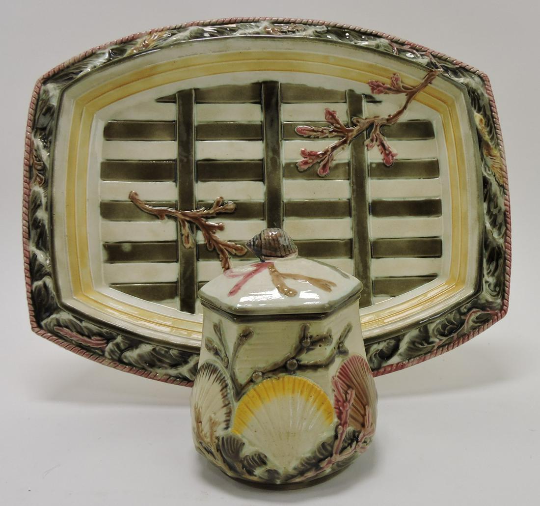 Wedgwood majolica Argenta ocean: platter and sugar