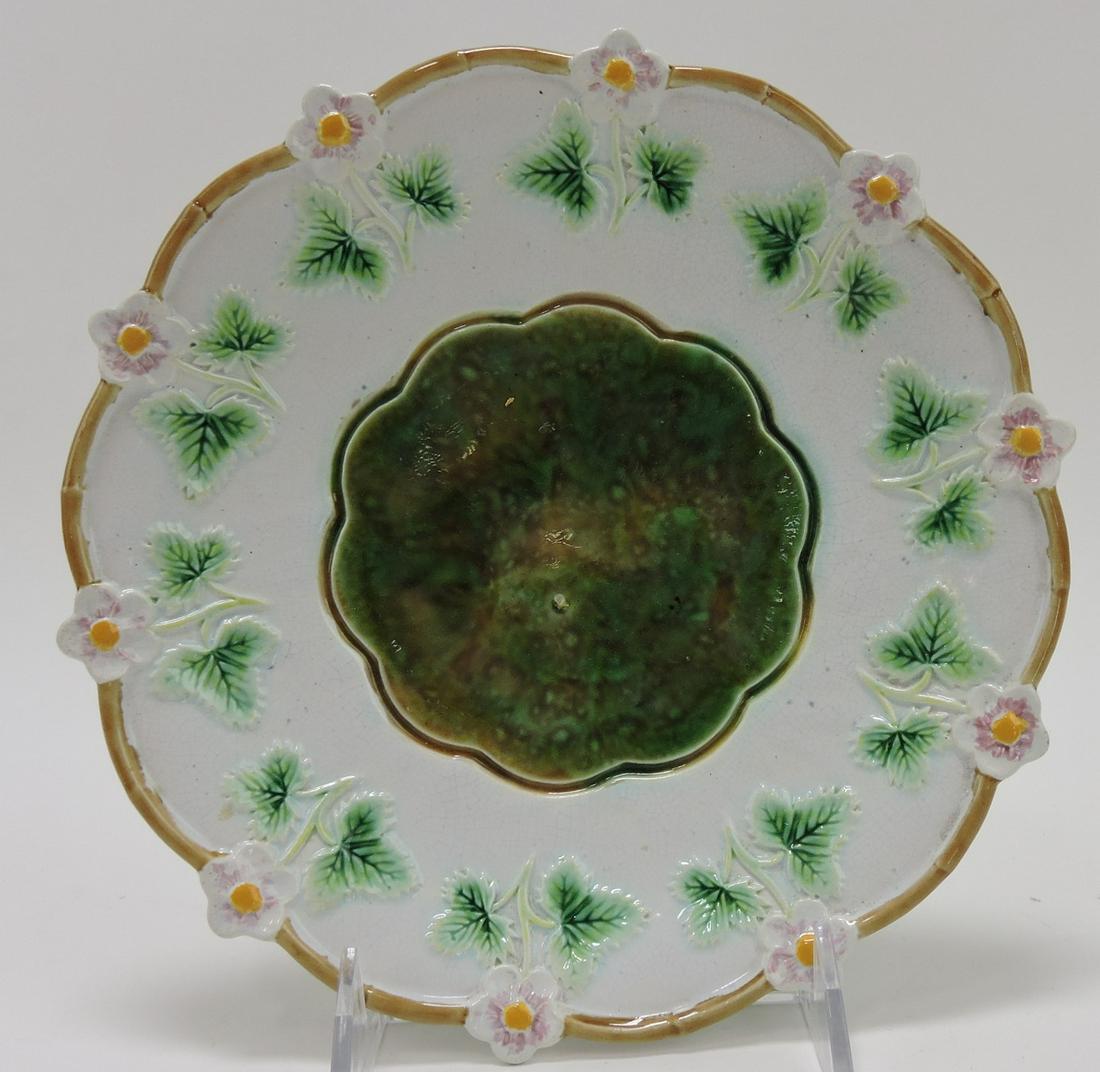 George Jones majolica 8 1/2" strawberry: blossom plate