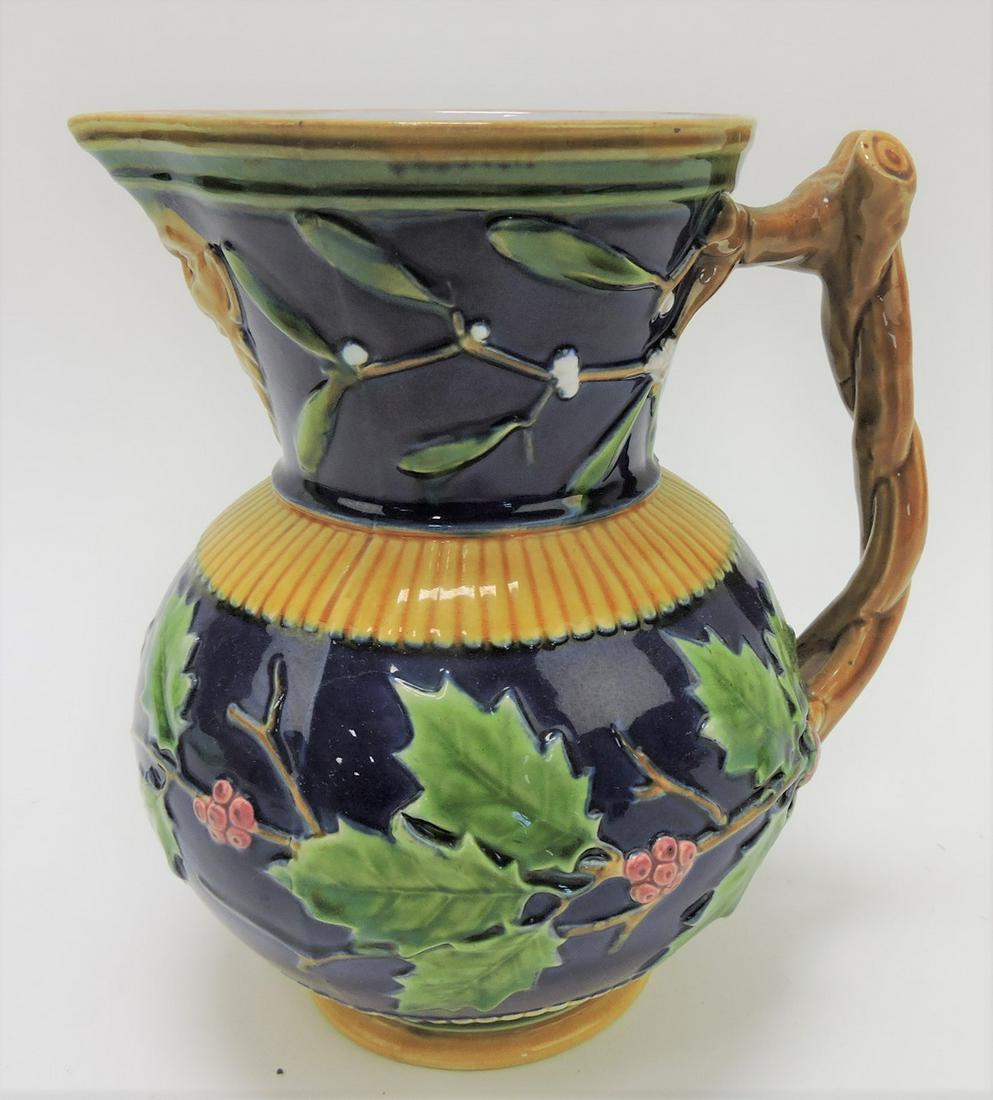 Minton majolica cobalt holly & berry: Christmas jug, 7"