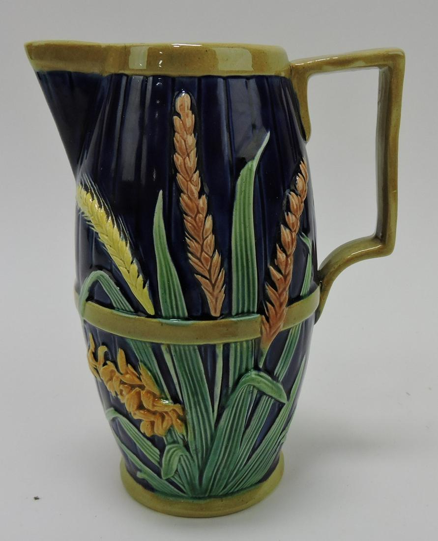 Copeland majolica cobalt barrel and: wheat 6" pitcher, hairline