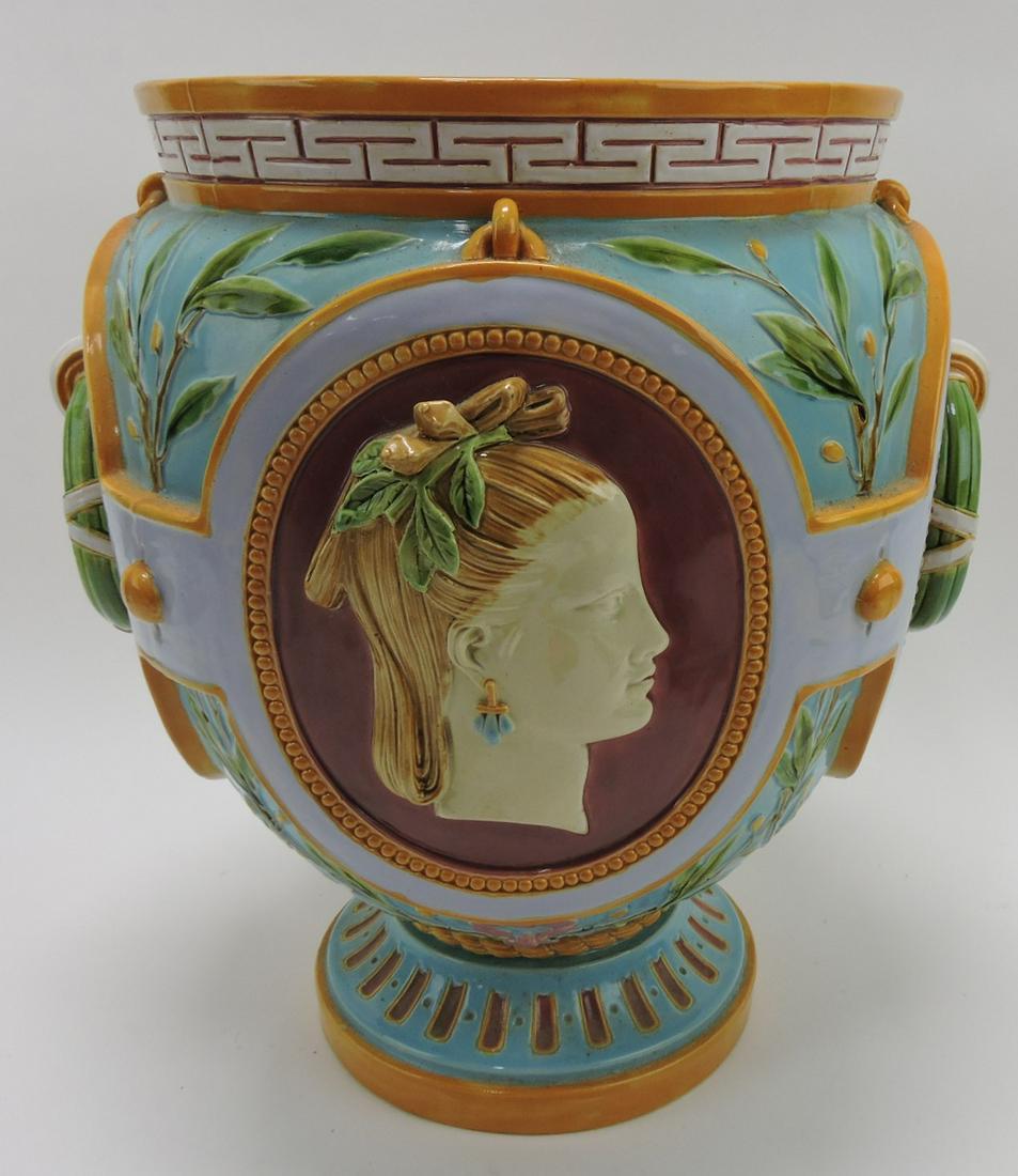 Minton majolica turquoise Continents: jardiniere with Asian and European woman on each side and ring handles, 16"